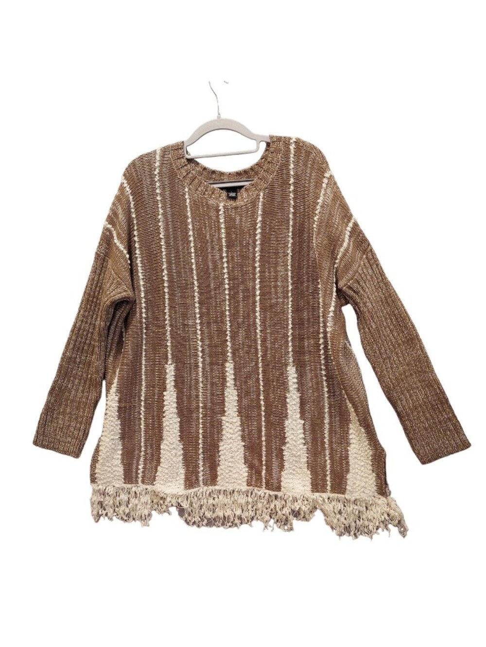 Style & Co Womens L Sweater Brown Cream Fringe Boho Chic Hippie Pullover Tunic